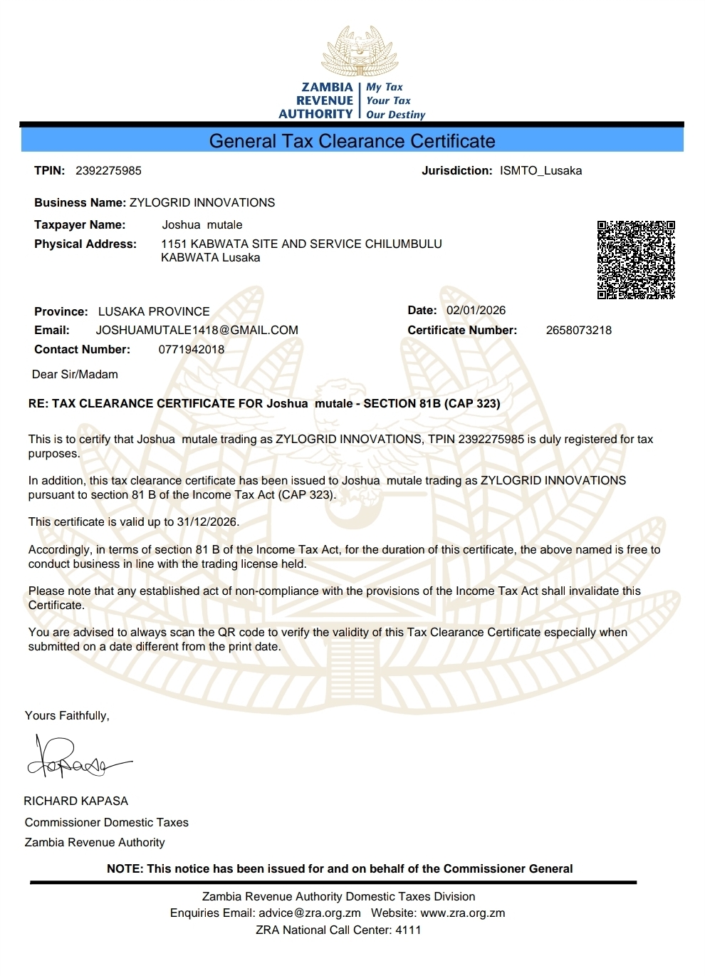 General Tax Clearance Certificate